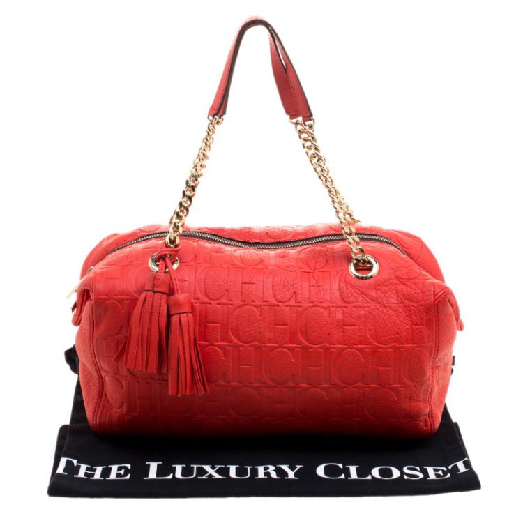 Pre Owned Carolina Herrera Red Embossed Leather Tassel Satchel