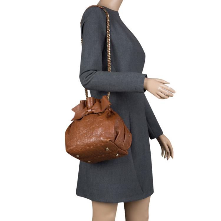 Pre Owned Carolina Herrera Brown Embossed Leather Small Bow Bucket Shoulder Bag