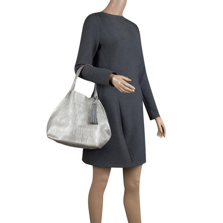Pre Owned Carolina Herrera Silver Monogram Leather Matryoshka Tote