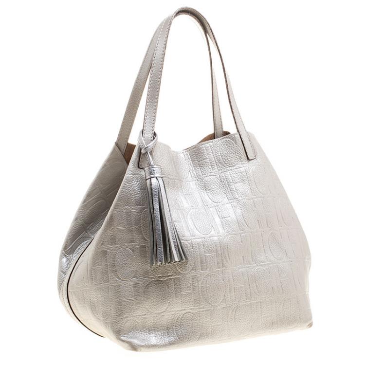 Pre Owned Carolina Herrera Silver Monogram Leather Matryoshka Tote
