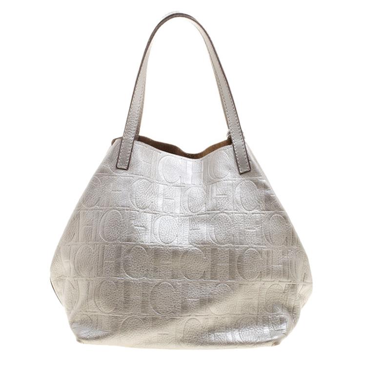 Pre Owned Carolina Herrera Silver Monogram Leather Matryoshka Tote
