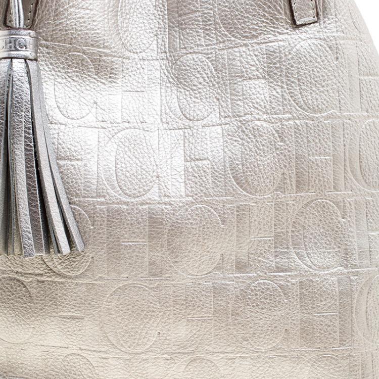 Pre Owned Carolina Herrera Silver Monogram Leather Matryoshka Tote