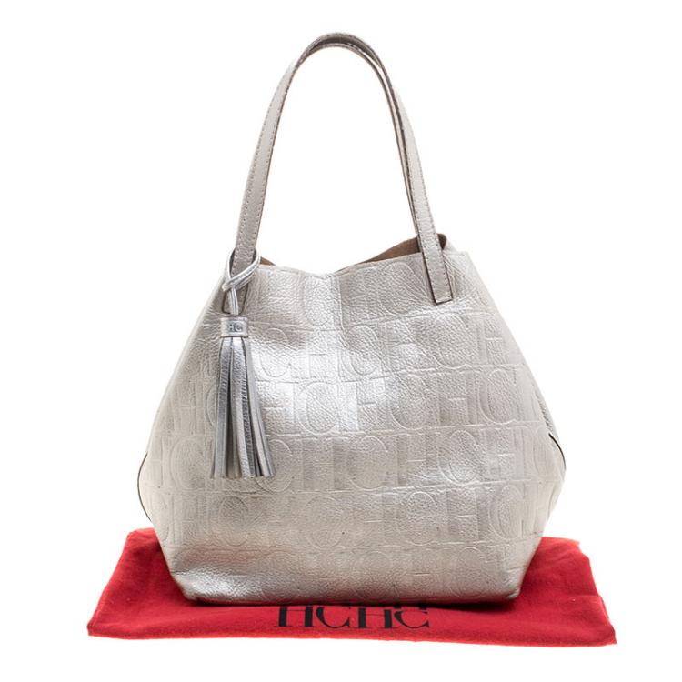 Pre Owned Carolina Herrera Silver Monogram Leather Matryoshka Tote