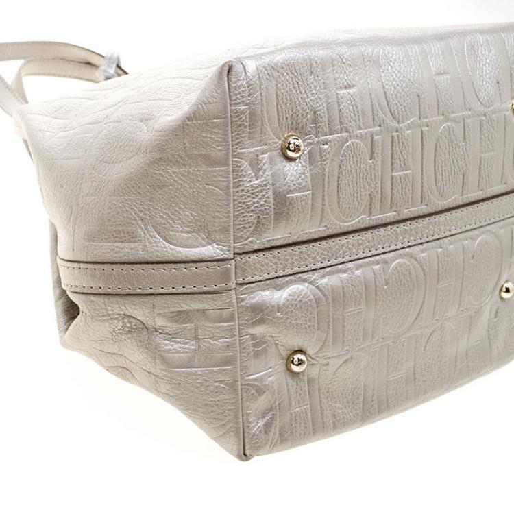 Pre Owned Carolina Herrera Silver Monogram Leather Matryoshka Tote