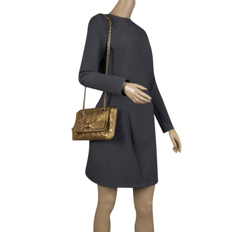 Pre Owned Carolina Herrera Gold Monogram Leather Audrey Shoulder bag