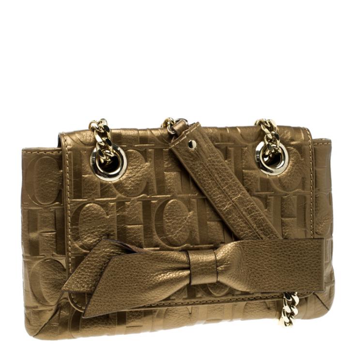 Pre Owned Carolina Herrera Gold Monogram Leather Audrey Shoulder bag