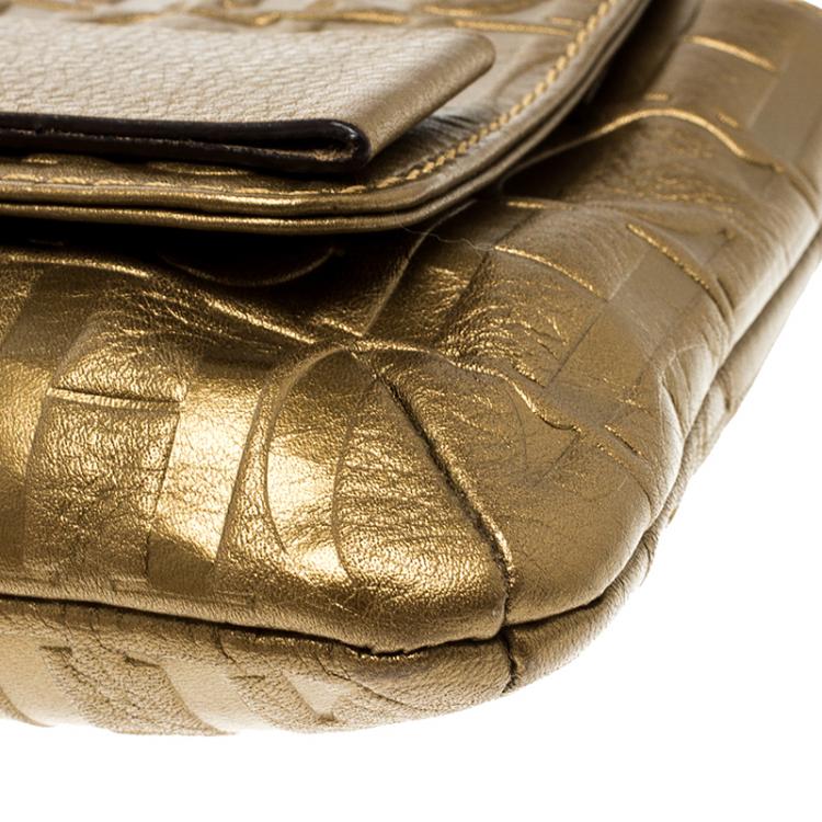 Pre Owned Carolina Herrera Gold Monogram Leather Audrey Shoulder bag