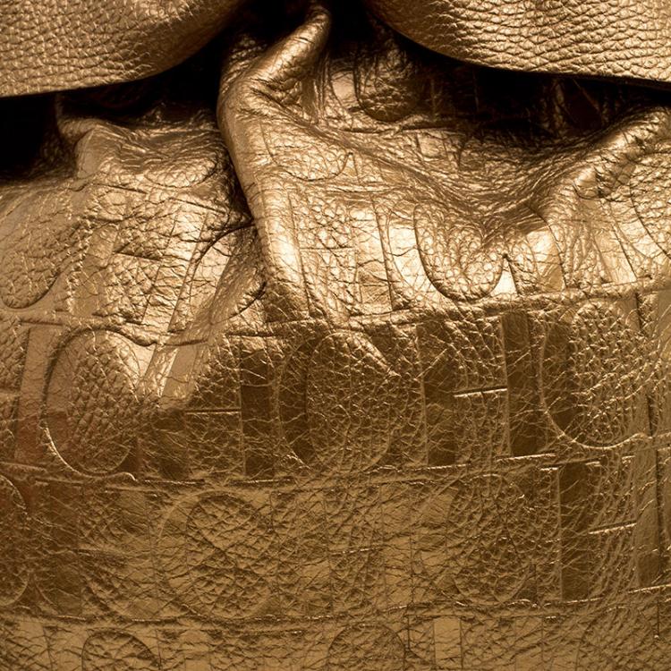 Pre Owned Carolina Herrera Gold Monogram Embossed Leather Bow Bucket Shoulder Bag