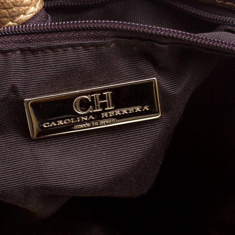 Pre Owned Carolina Herrera Gold Monogram Embossed Leather Bow Bucket Shoulder Bag