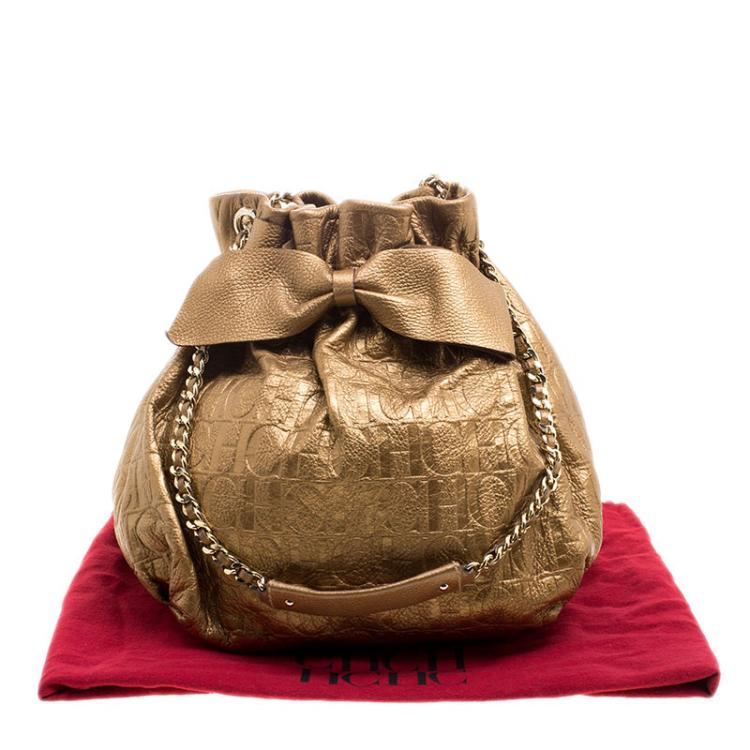 Pre Owned Carolina Herrera Gold Monogram Embossed Leather Bow Bucket Shoulder Bag