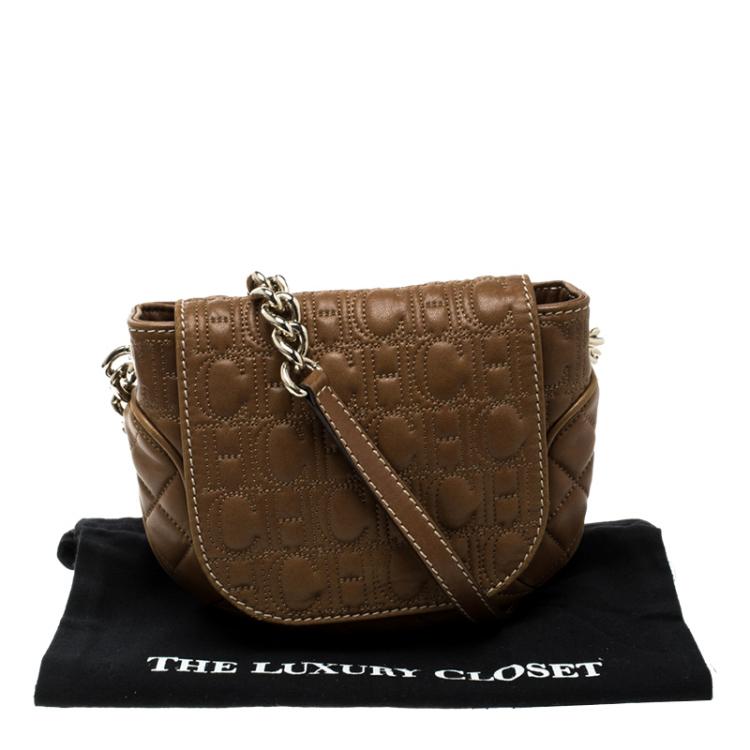 Pre Owned Carolina Herrera Brown Quilted Monogram Leather Shoulder Bag