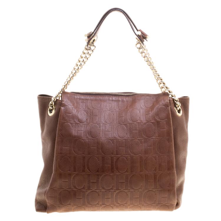 Pre Owned Carolina Herrera Brown Monogram Leather Shoulder Bag