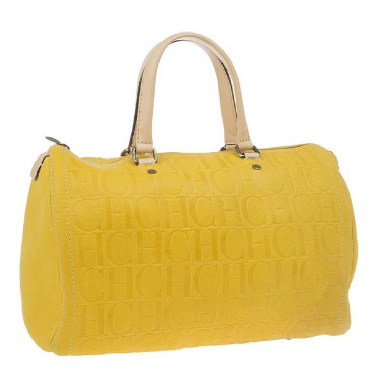 Pre Owned Carolina Herrera Yellow Monogram Leather Andy Boston Bag