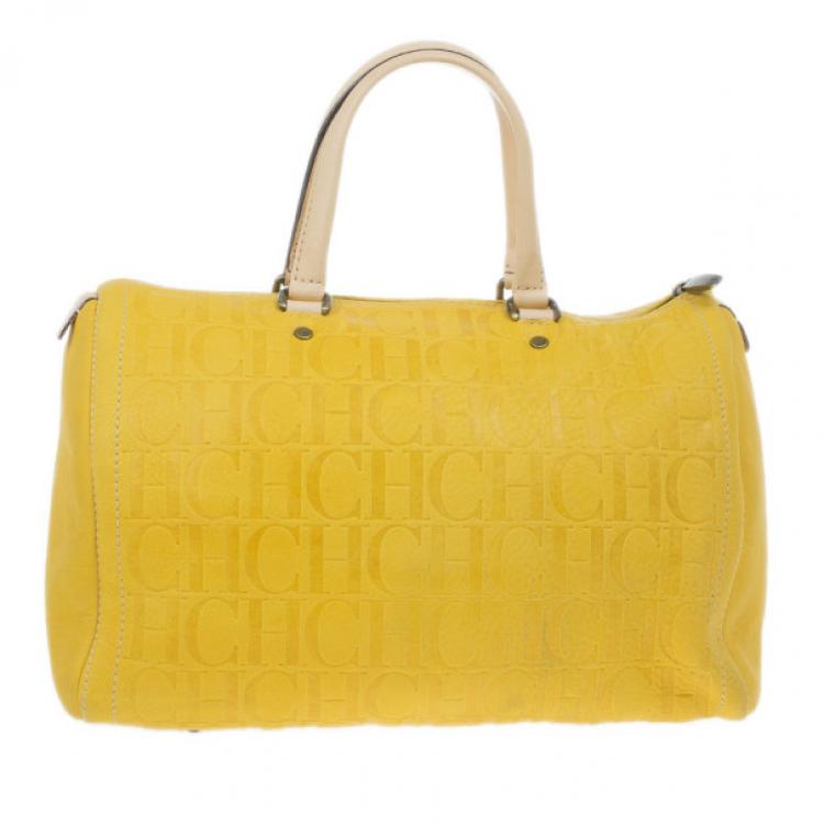 Pre Owned Carolina Herrera Yellow Monogram Leather Andy Boston Bag