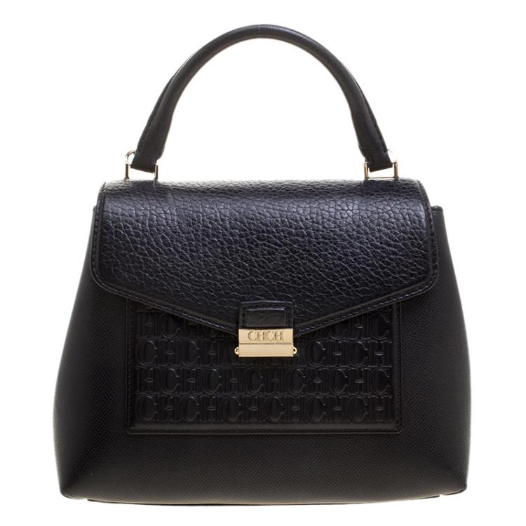Pre Owned Carolina Herrera Black Monogram Leather Top Handle Bag