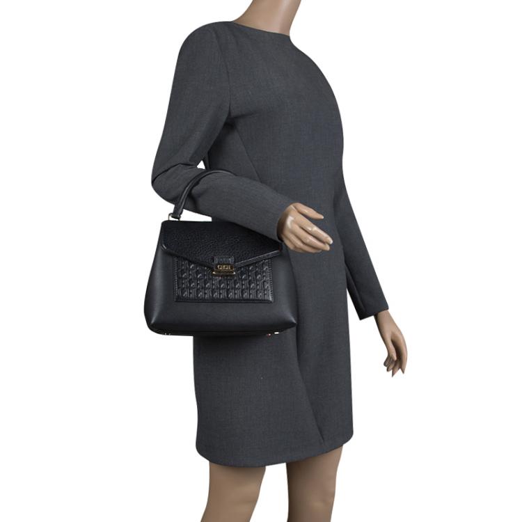 Pre Owned Carolina Herrera Black Monogram Leather Top Handle Bag