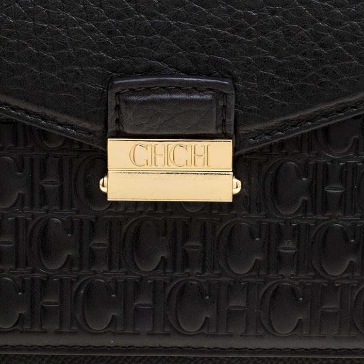 Pre Owned Carolina Herrera Black Monogram Leather Top Handle Bag