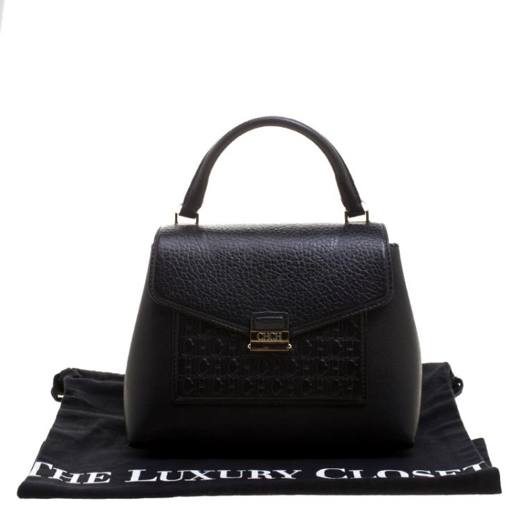 Pre Owned Carolina Herrera Black Monogram Leather Top Handle Bag