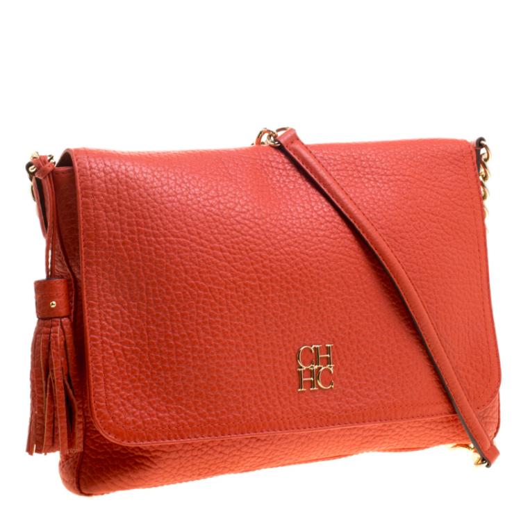 Pre Owned Carolina Herrera Red Pebbled Leather Flap Shoulder Bag