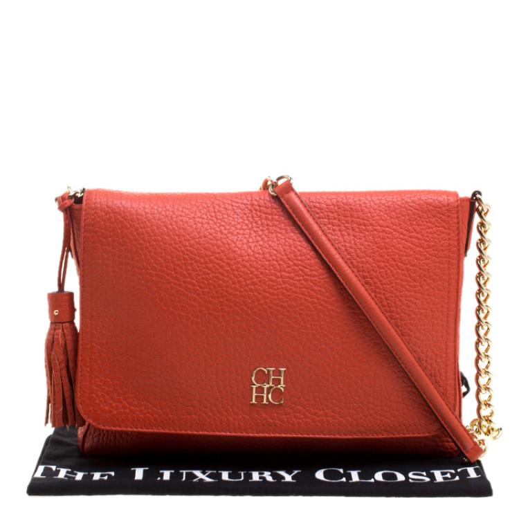 Pre Owned Carolina Herrera Red Pebbled Leather Flap Shoulder Bag