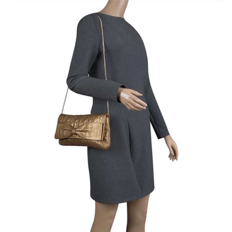 Pre Owned Carolina Herrera Gold Monogram Leather Bow Bag