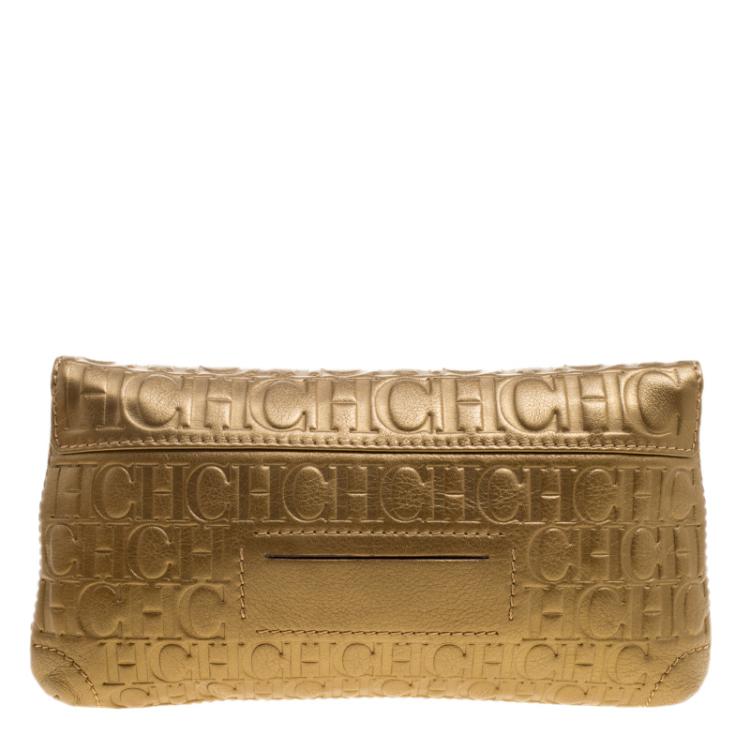 Pre Owned Carolina Herrera Gold Monogram Leather Bow Bag