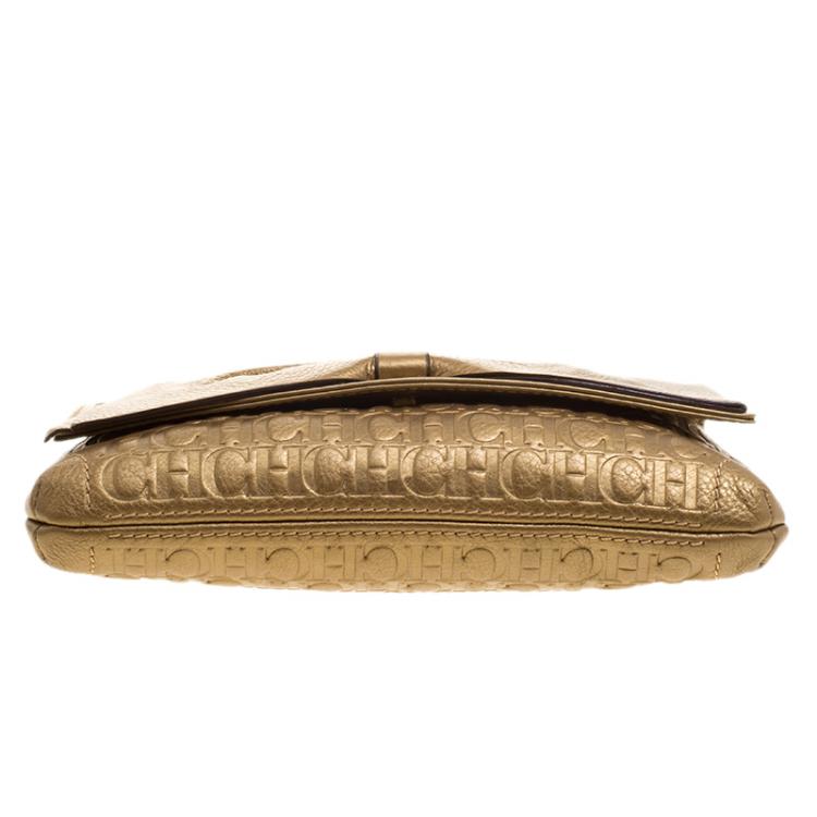 Pre Owned Carolina Herrera Gold Monogram Leather Bow Bag