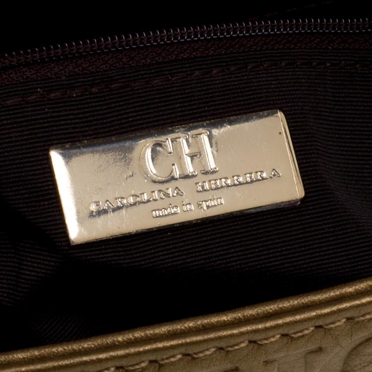 Pre Owned Carolina Herrera Gold Monogram Leather Bow Bag
