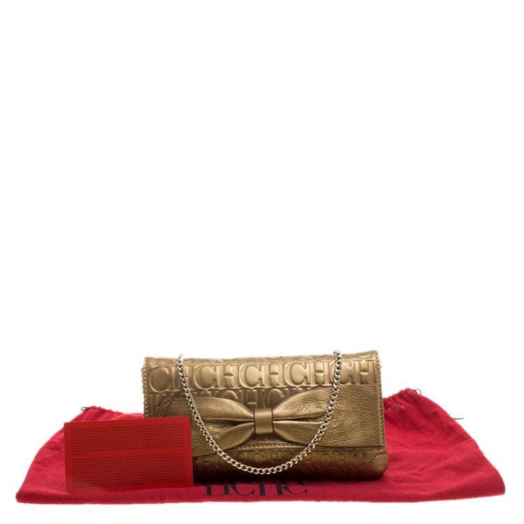 Pre Owned Carolina Herrera Gold Monogram Leather Bow Bag