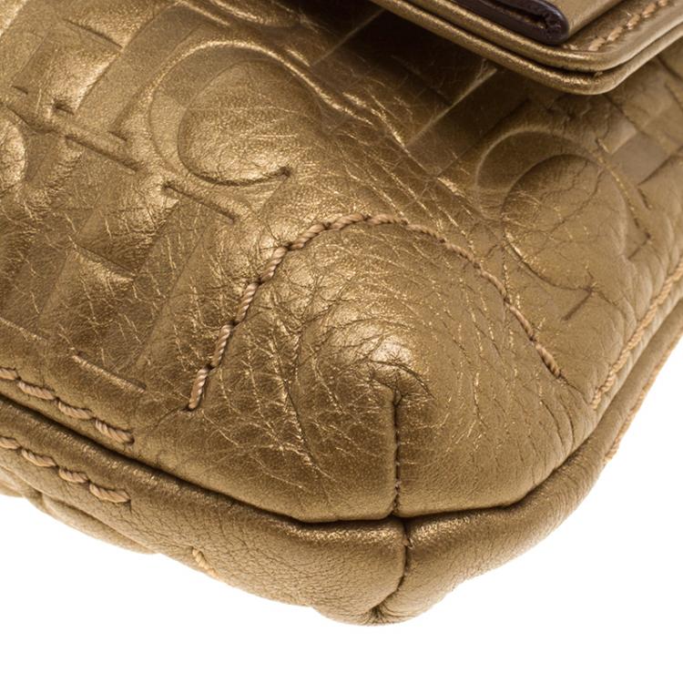 Pre Owned Carolina Herrera Gold Monogram Leather Bow Bag