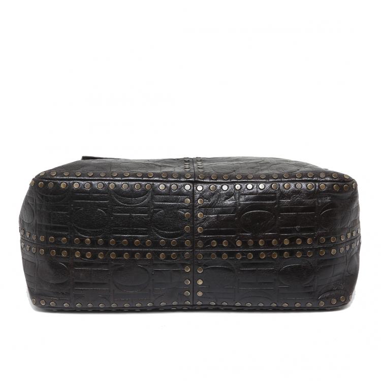 Pre Owned Carolina Herrera Dark Brown Monogram Embossed Leather Studded Shoulder Bag