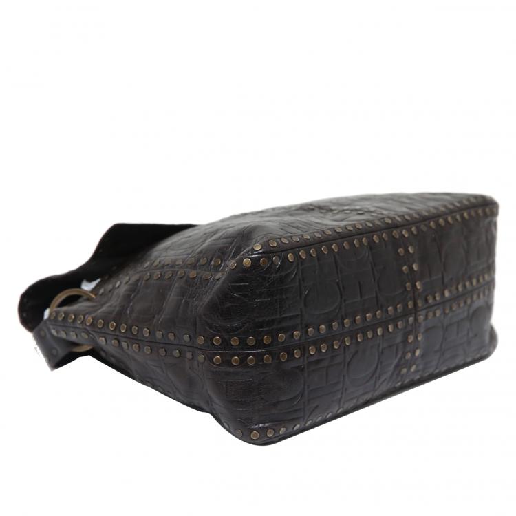 Pre Owned Carolina Herrera Dark Brown Monogram Embossed Leather Studded Shoulder Bag