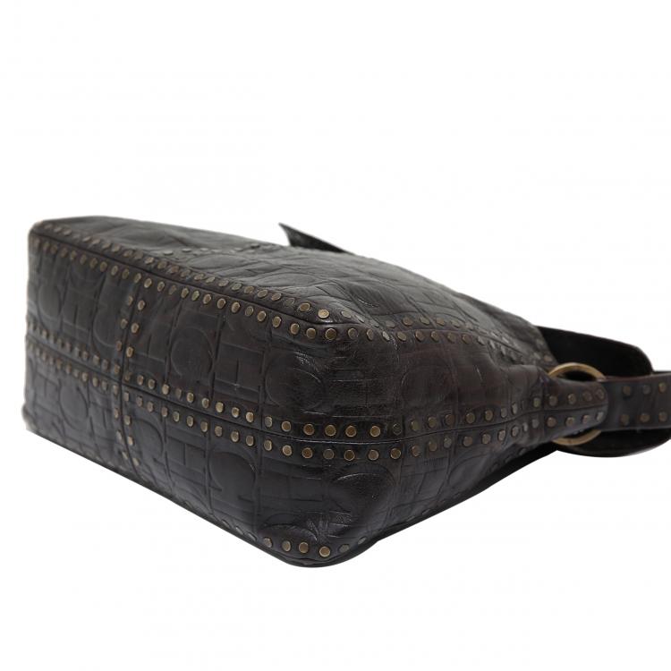 Pre Owned Carolina Herrera Dark Brown Monogram Embossed Leather Studded Shoulder Bag
