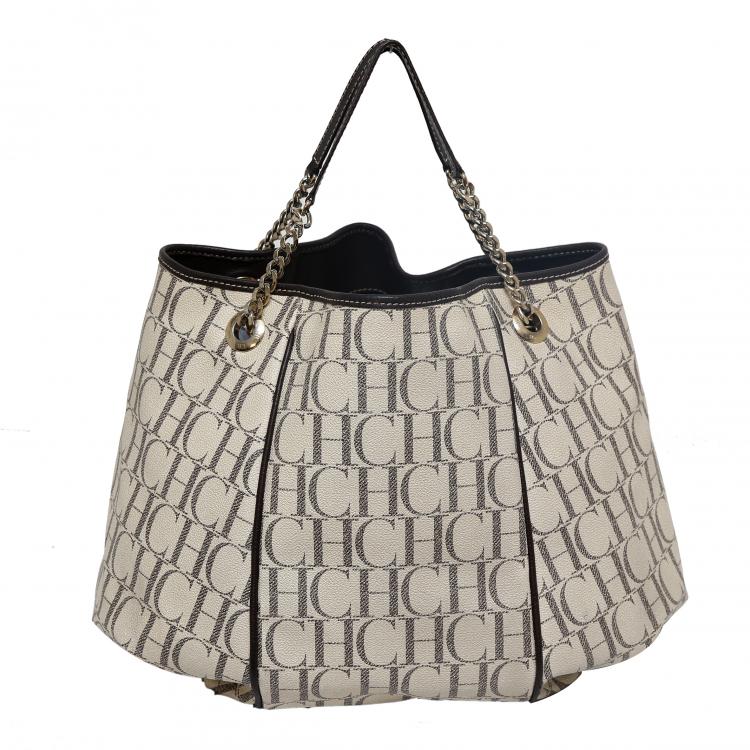 Pre Owned Carolina Herrera Off-White Monogram Coated Canvas Tote