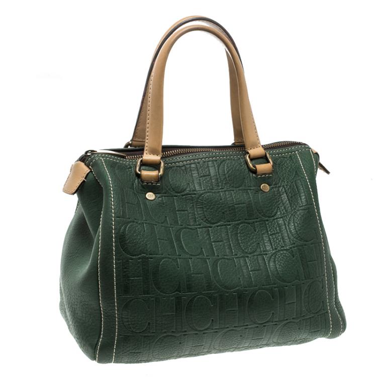 Pre Owned Carolina Herrera Green Monogram Leather Andy Boston Bag