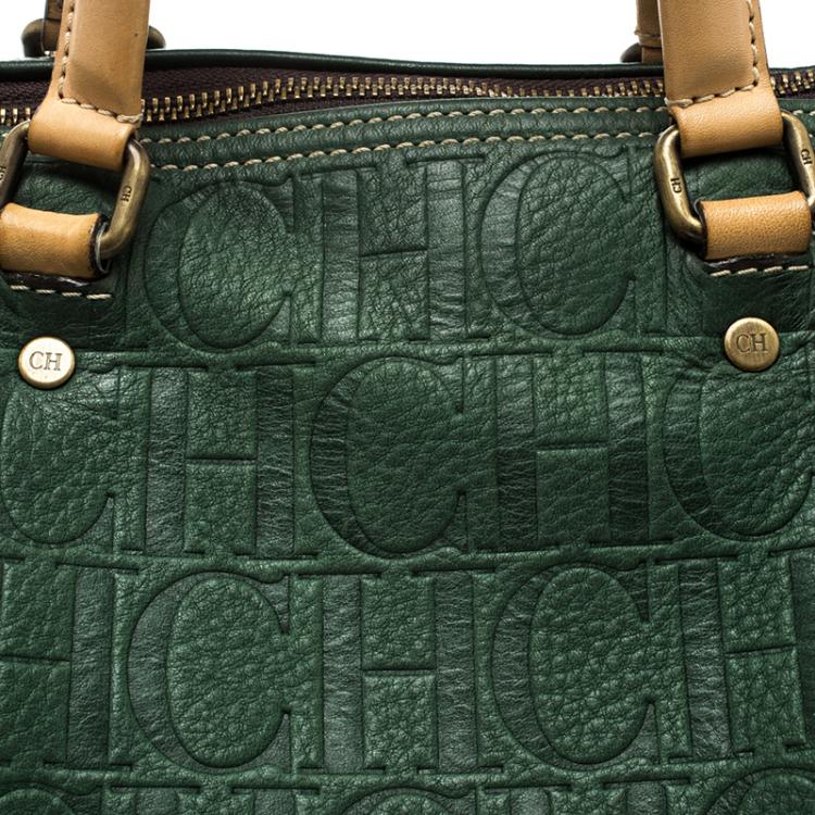 Pre Owned Carolina Herrera Green Monogram Leather Andy Boston Bag