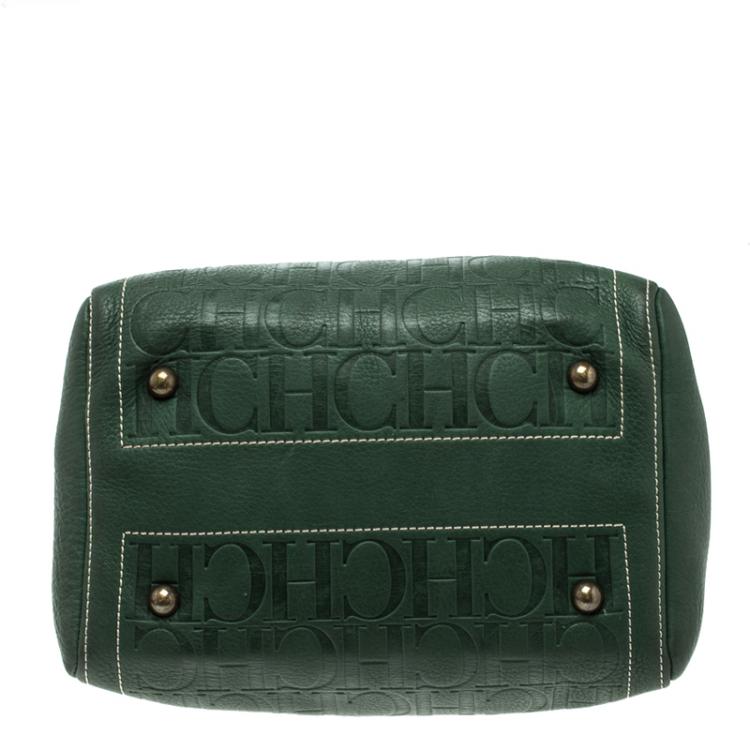 Pre Owned Carolina Herrera Green Monogram Leather Andy Boston Bag