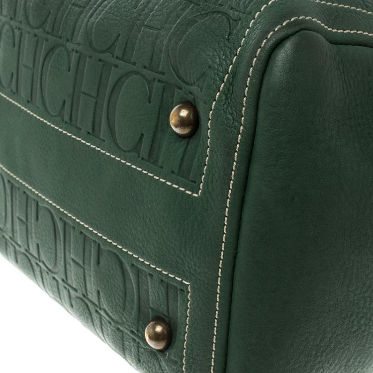 Pre Owned Carolina Herrera Green Monogram Leather Andy Boston Bag