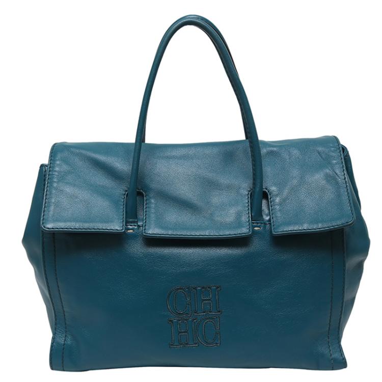 Pre Owned Carolina Herrera Turquoise Leather Flap Satchel Bag