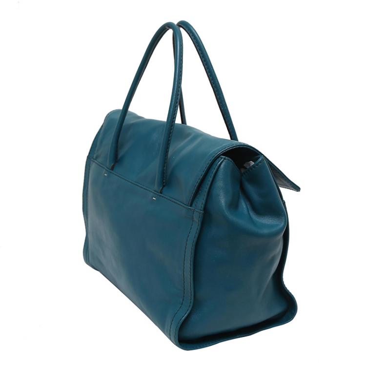 Pre Owned Carolina Herrera Turquoise Leather Flap Satchel Bag