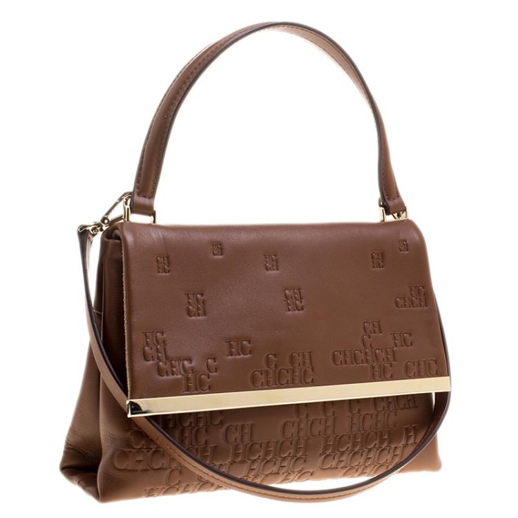 Pre Owned Carolina Herrera Brown Embossed Leather Satchel
