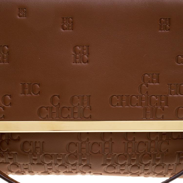 Pre Owned Carolina Herrera Brown Embossed Leather Satchel