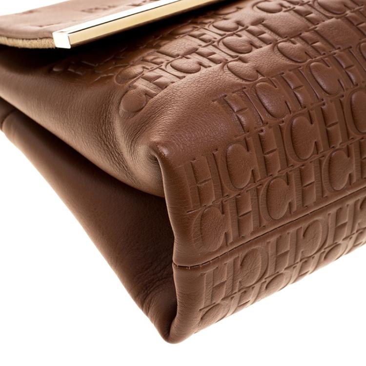 Pre Owned Carolina Herrera Brown Embossed Leather Satchel