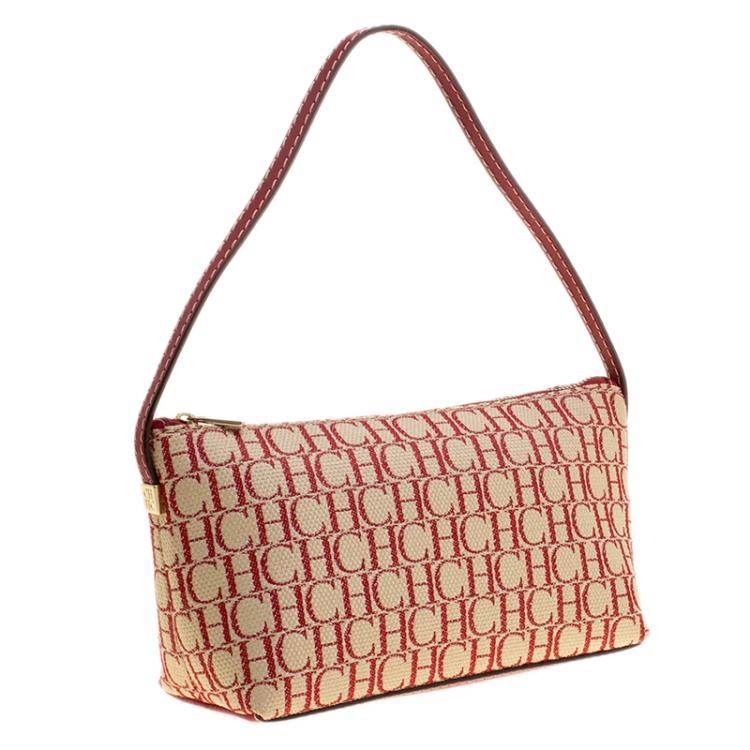 Pre Owned Caroline Herrera Beige/Red Monogram Canvas Pochette