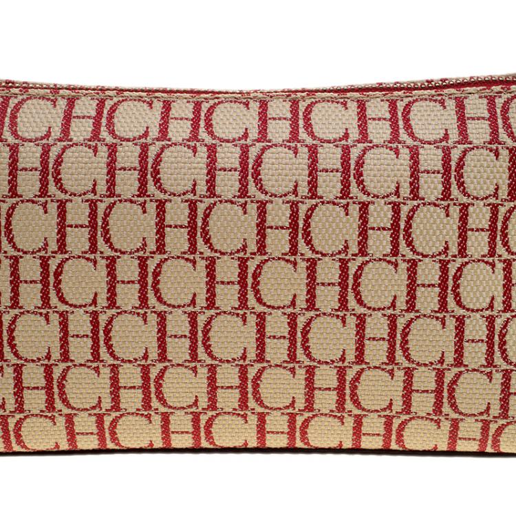 Pre Owned Caroline Herrera Beige/Red Monogram Canvas Pochette