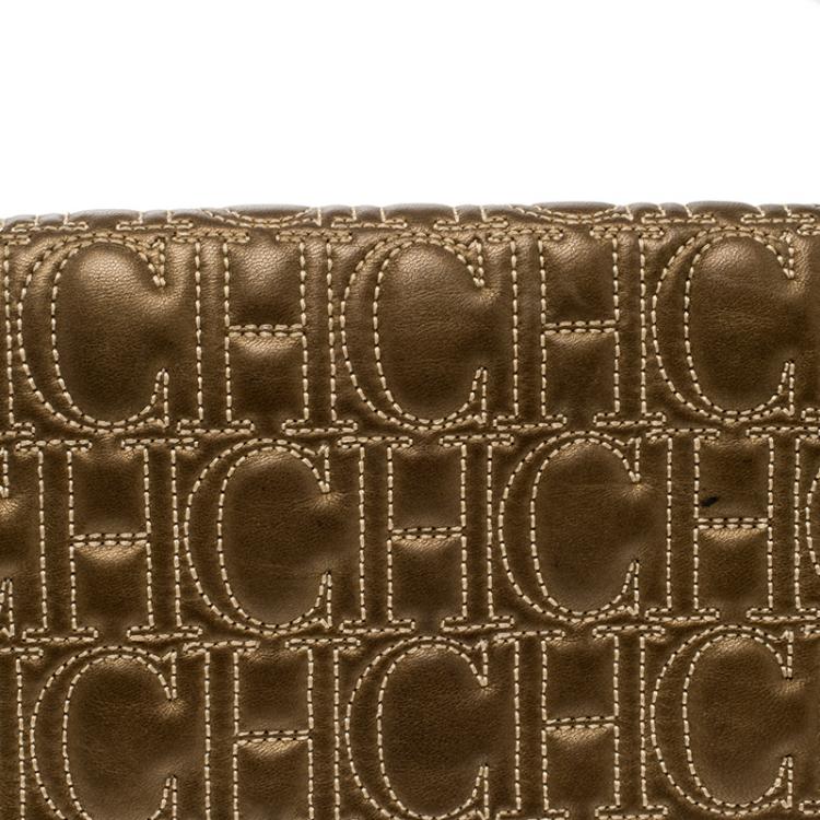 Pre Owned Carolina Herrera Bronze Monogram Leather Jerry Clutch