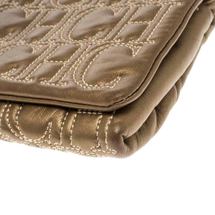 Pre Owned Carolina Herrera Bronze Monogram Leather Jerry Clutch