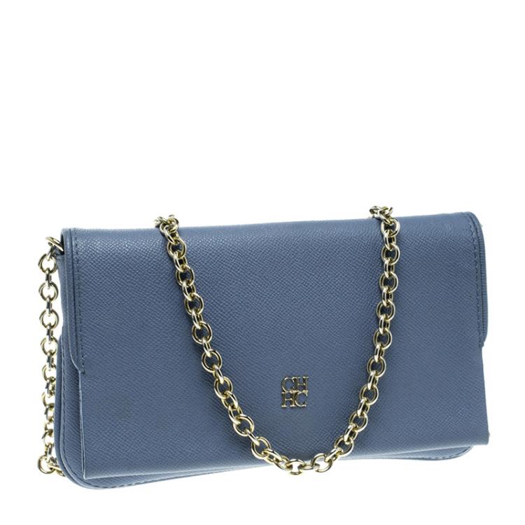 Pre Owned Carolina Herrera Blue Leather Flap Bag