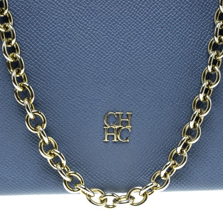 Pre Owned Carolina Herrera Blue Leather Flap Bag