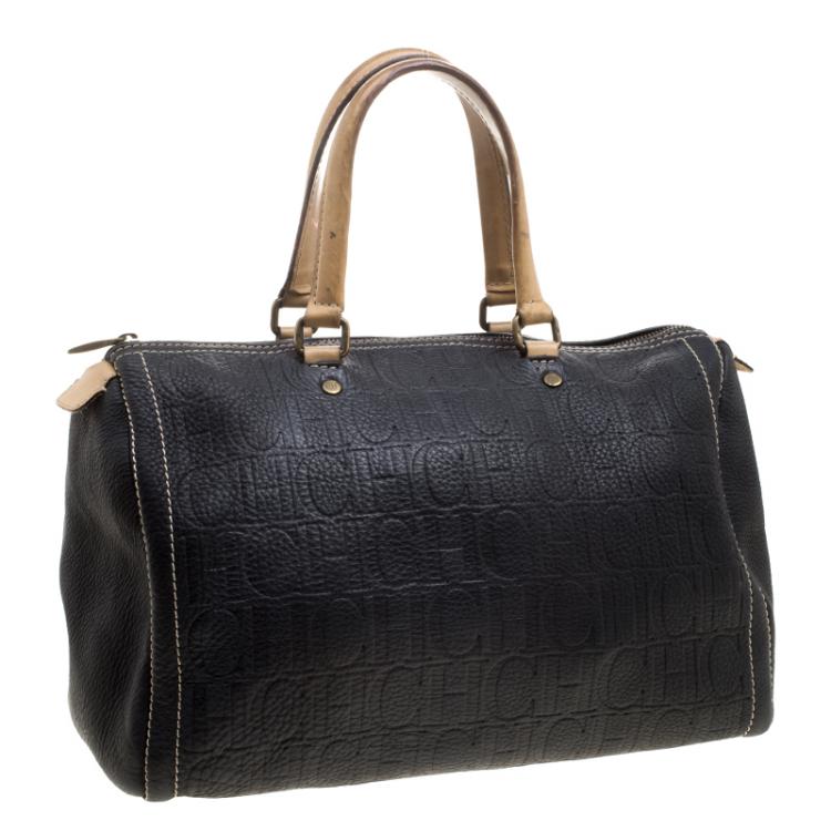 Pre Owned Carolina Herrera Black Monogram Leather Large Andy Boston Bag